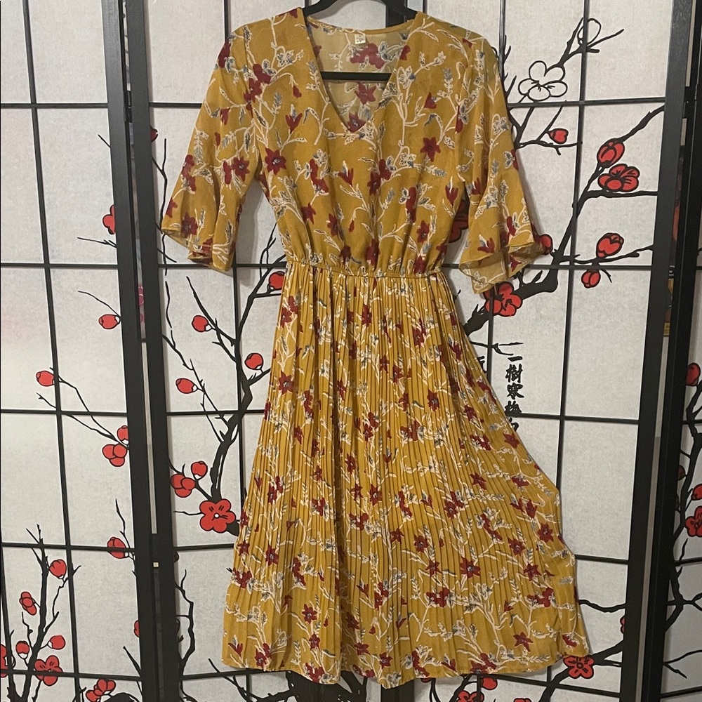 Lian Lian Elegant Floral Midi Dress In Mustard